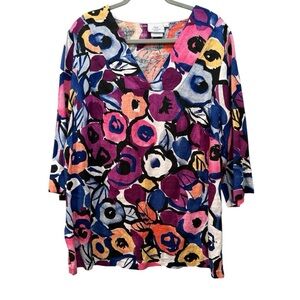 Hot Cotton Linen Multicolor Floral Blouse V Neck Bold Colorful Spring Sz 1X